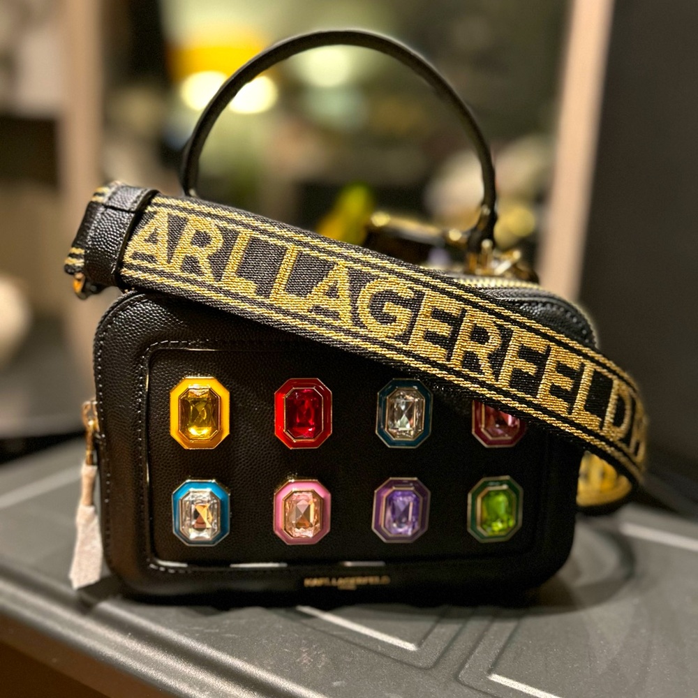 Karl Lagerfeld Paris Simone Small Leather Crossbody Multi Jewels - Black - NWT